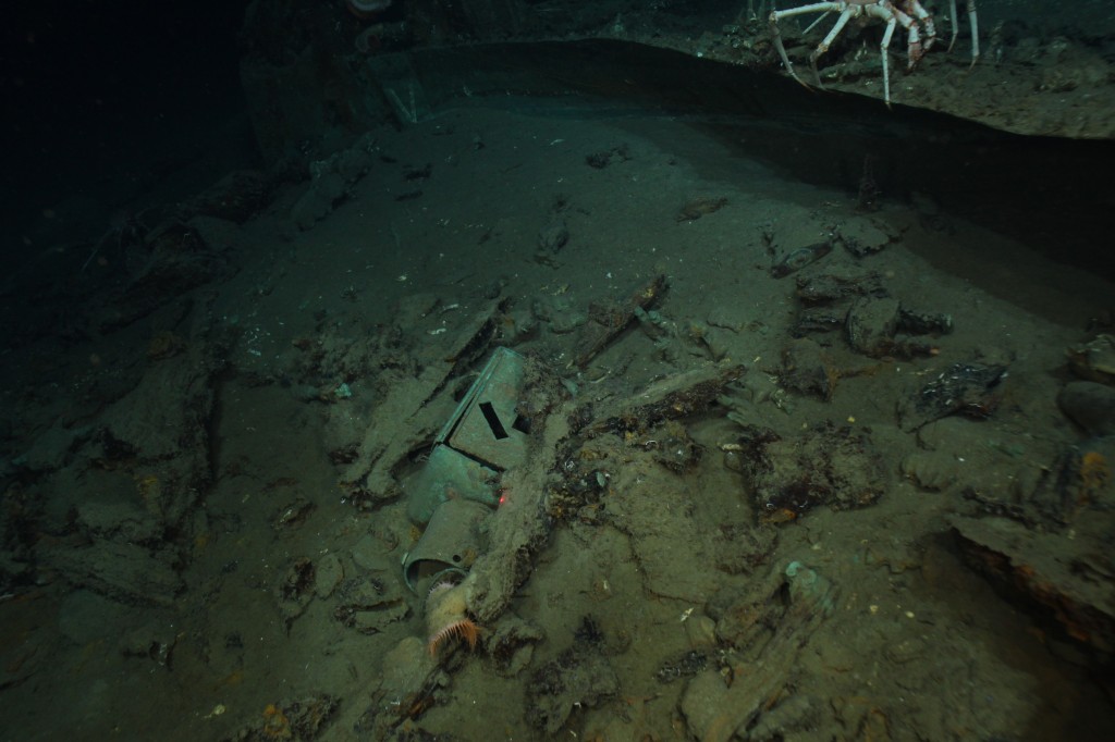 The starboard lantern outside the hull near the stern before its recovery in 2009. Image courtesy of Lophelia II 2009: Deepwater Coral Expedition: Reefs, Rigs and Wrecks.